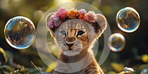 A Baby Lion Cub Wearing a Flower Crown Playing in a Field for Whimsical Cute or Fantasy Design Projects photo