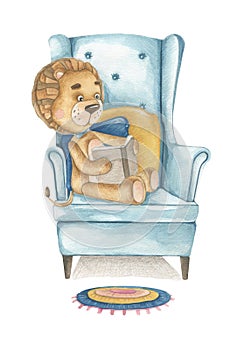 Baby lion little boy. Reading a book sitting on the armchair. photo