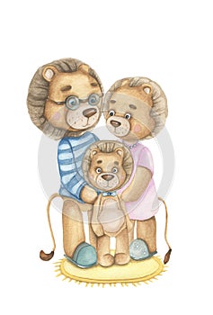 Baby lion little boy. Standing with parents. Taking a photo together. Family portrait. photo
