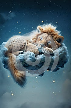 Baby Lion Sleeping on Cloud with Starry Sky Illustration. Generative ai