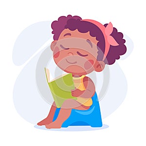 Baby Little Girl with Cute Face Sitting on Potty and Read Book Vector Illustration