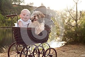 Baby and little puppy in a pram