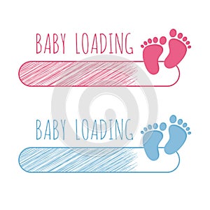 Baby loading concept with progress bar and pink and blue footsteps vector illustration set. photo