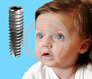 Baby looking on new dental implant isolated photo