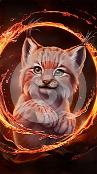 Baby lynx in a whirlwind of vibrant, dynamic fire splashes