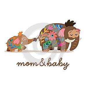 Baby mammoth following her mom with floral inside. Sweet logotype