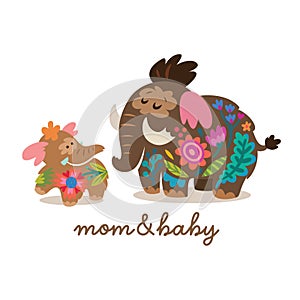 Baby mammoth is playing with mom. Sweet logotype