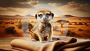 Baby Meerkat Sitting on a Blanket in a Desert Setting