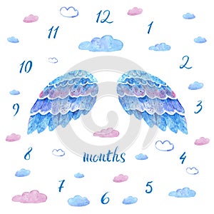 Baby milestone blanket with hand drawn blue watercolor wings