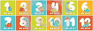 Baby milestone cards with numbers and cute smiling dinos for a newborn baby girl or boy. 1-12 months. Color print for