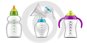 Baby milk bottles. Realistic plastic bottle with rubber pacifier, manual breast pump and drink container, newborn child