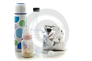 Baby milk bottles, water bottles, hot water bottle and spoon for