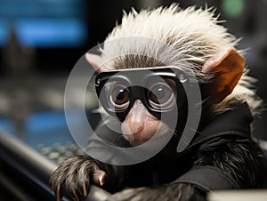 Baby monkey in glasses using tiny smartphone