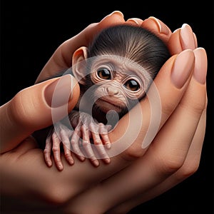 A baby monkey held in the hand by people. Nature protection concept.