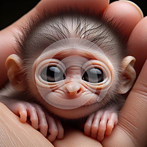 A baby monkey held in the hand by people. Nature protection concept.