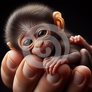 A baby monkey held in the hand by people. Nature protection concept.