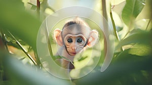 a baby monkey peeking through plants