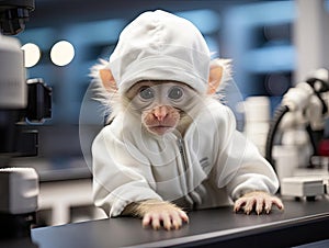 Baby monkey scientist examines microscope