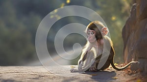 Baby Monkey sitting nervously on path