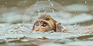 A baby monkey is swimming in the water