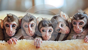 Baby monkeys with fur are happily sitting next to each other on a blanket