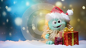 A Baby monster with present against a festive Christmas bokeh background. AI Generated.