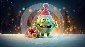 A Baby monster with present against a festive Christmas bokeh background. AI Generated.