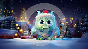 A Baby monster with present against a festive Christmas bokeh background. AI Generated.