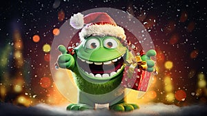 A Baby monster with present against a festive Christmas bokeh background. AI Generated.