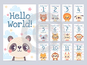 Baby month cards with animals. Monthly milestone stickers for newborn scrapbook. Kids age tags with sloth, lion, giraffe