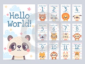 Baby month cards with animals. Monthly milestone stickers for newborn scrapbook. Kids age tags with sloth, lion, giraffe photo