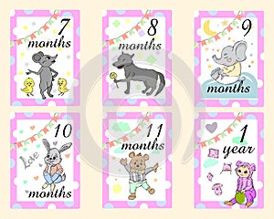 Baby Months Cards for boy. Set of cute stickers with animals