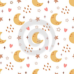 Baby moon night sky vector pattern for kids. Cute crescent stars, clouds seamless background.