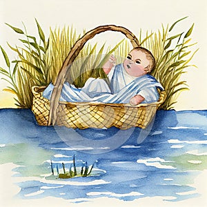 Baby Moses floating in a reed basket on the river Nile in Egypt, jewish and christian bible story, generative AI