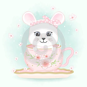 Baby Mouse in coffee cup and butterflies hand drawn animal illustration