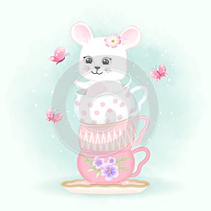 Baby Mouse in coffee cup and butterflies hand drawn cartoon animal illustration