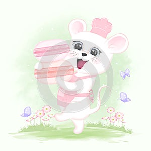 Baby Mouse with Macarons and cosmos flowers hand drawn animal watercolor illustration