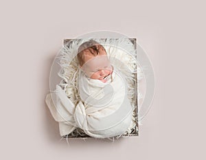 Baby napping in basket , wrapped up, topview photo