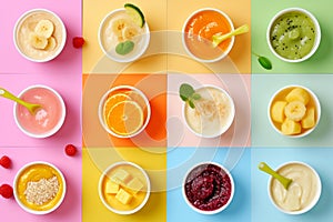 Baby Natural Food. Collage of healthy baby food on color background. Baby puree with vegetables and fruits Selective focus. cups