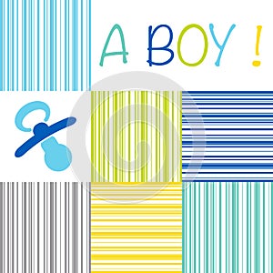 Baby newborn birth announcement card boy with a dummy on a strip