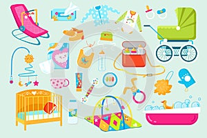 Baby and newborn care accessories icons set of vector illustrations. Toys, bed, cloths, baby soother and stroller. Cute