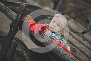 Baby newborn girl with blue eyes wearing tartan check dress shirt and pink shawl bandana posing on wooden old style retro wagon ca photo