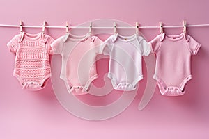 Baby newborn girl pink bodysuits on a line on pink background. Laundry day, baby clothes, baby shower theme, it's a girl