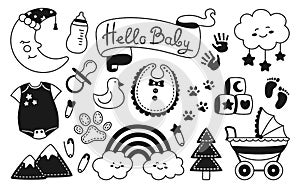 Baby newborn nursery objects linear stamp glyph birthday child memory scrapbook kids accessory set