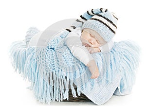 Baby Newborn Portrait, Boy Kid New Born Sleeping In Blue Hat