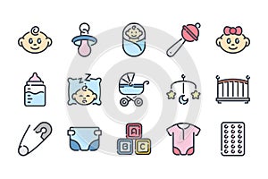 Baby and Newborn related color line icon set.