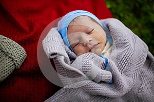 Baby Newborn Sleep , New Born Child Sleeping on grey Blanket, Asleep Infant Kid
