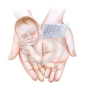 Baby, newborn with wings in parental maternal arms. Baby in mom\'s hands. Happy family maternity concept Motherhood