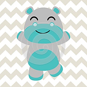 Baby nursery wall with cartoon of cute baby hippo on chevron background suitable for baby wallpaper