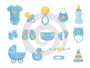 Baby nursing and health care and hygiene products vector illustration set.